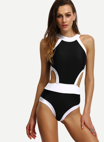 Dolce Liberta Black high halter neck cheeky clasp on back classic elegant modern swimsuit one piece tankini monokini bathing suit