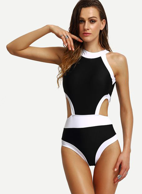 Dolce Liberta Black high halter neck cheeky clasp on back classic elegant modern swimsuit one piece tankini monokini bathing suit