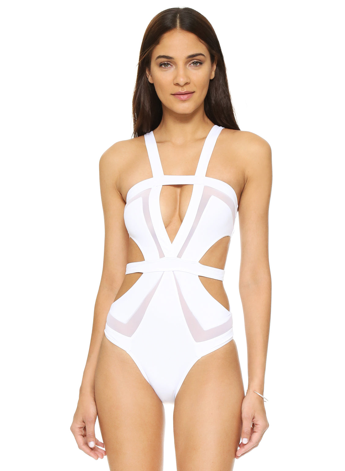 White sheer Mesh triangle v neck Open Back cheeky sexy Swimsuit