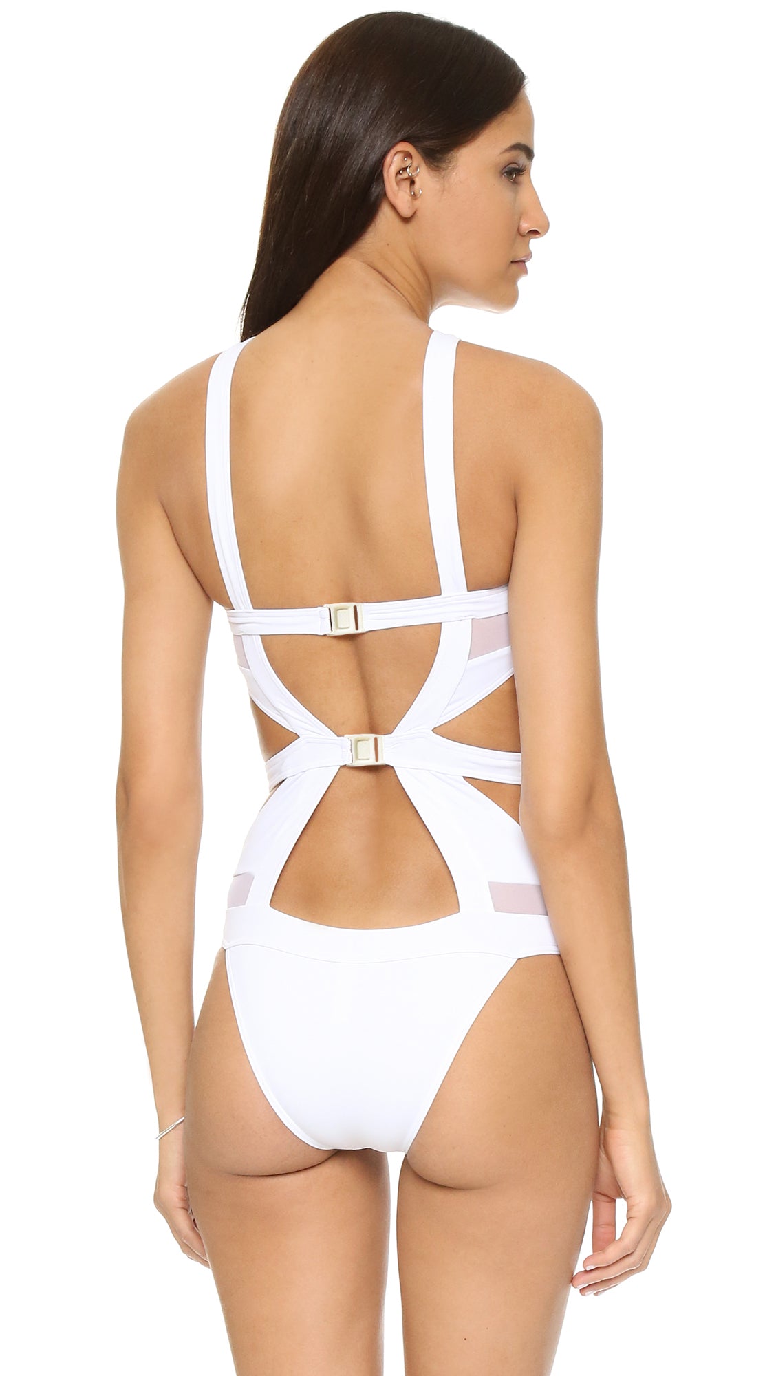 Dolce Liberta White sheer Mesh triangle v neck Open Back cheeky sexy Swimsuit